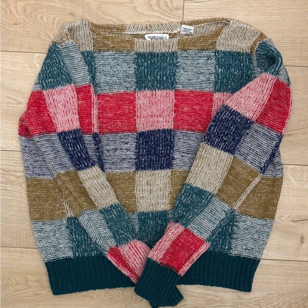 Vintage Chunky Knit Colorblock Patchwork Sweater Retro Checkerboard Colorful